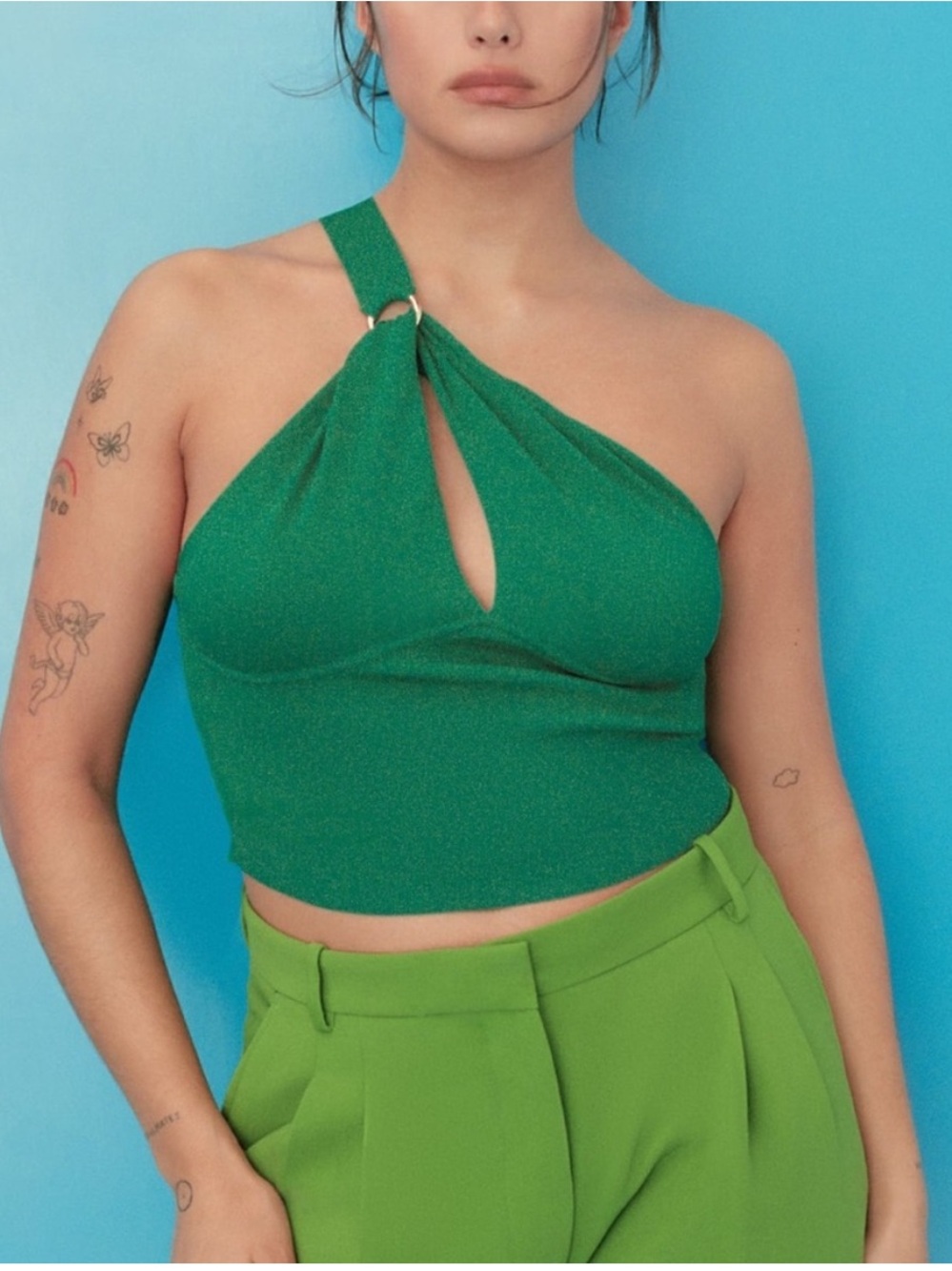 Zara Green One-Shoulder Ring-Detail Crop Top